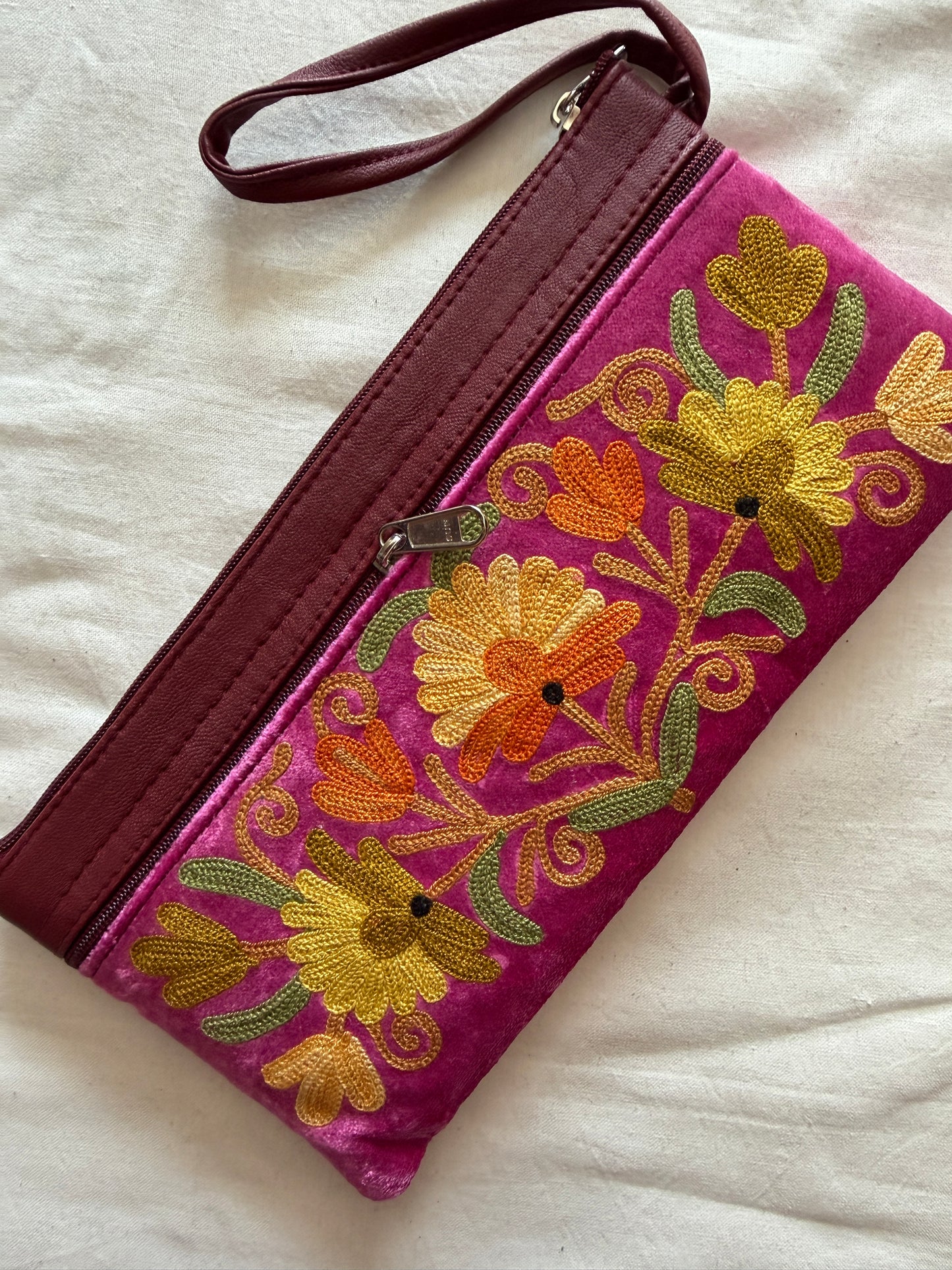 Wristlet pouch with Kashmiri floral Aari embroidery - 3 zippers - color options available