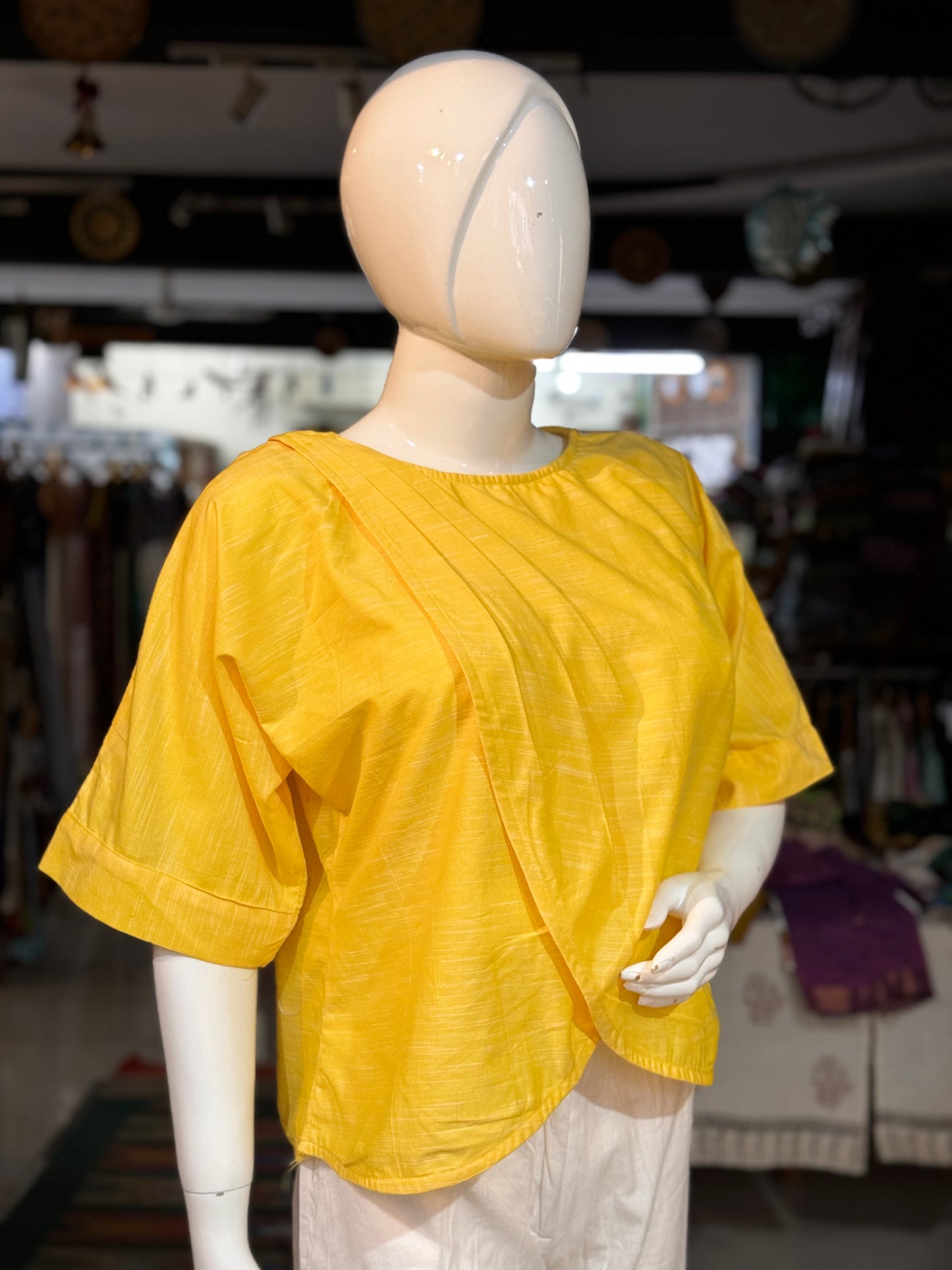 Yellow one side pleats cotton relaxed fit top