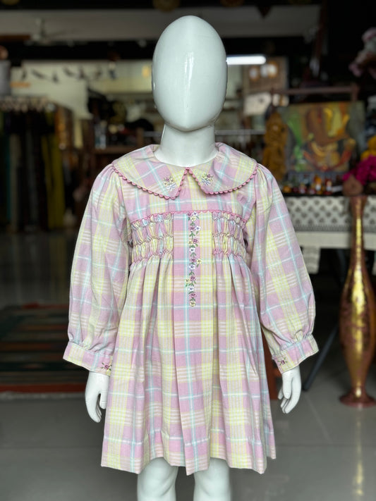 Pink and yellow checks smocking frock with embroidered collar and long sleeves