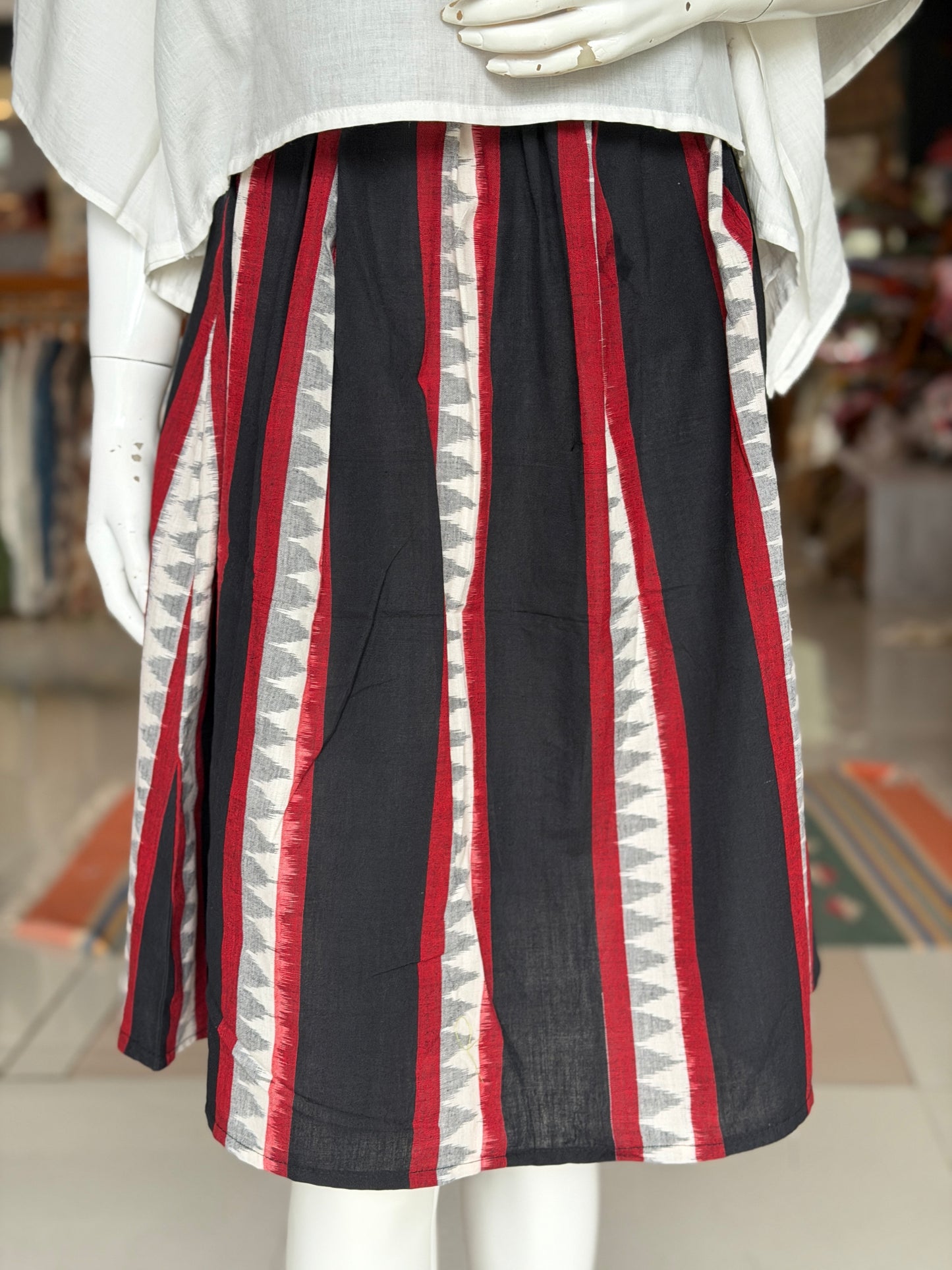 Black temple stripes hand woven ikat cotton skirt - free size with elastic for full waist