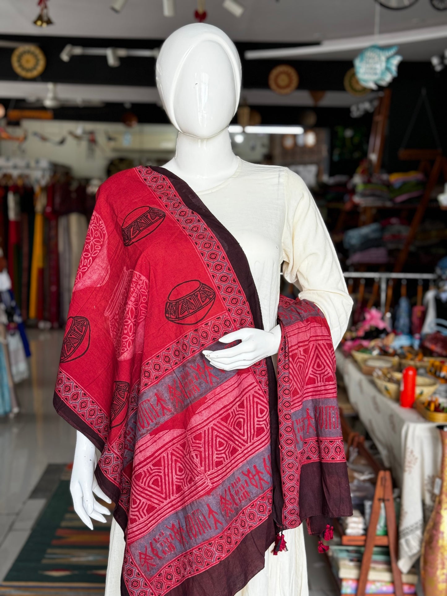 Museum on your shoulders - maroon cotton stole with hand block Ajrakh prints - Harappan pots design