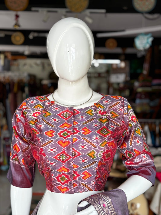 Lavender silk Ikat handloom elbow sleeves blouse with front buttons and back detailing