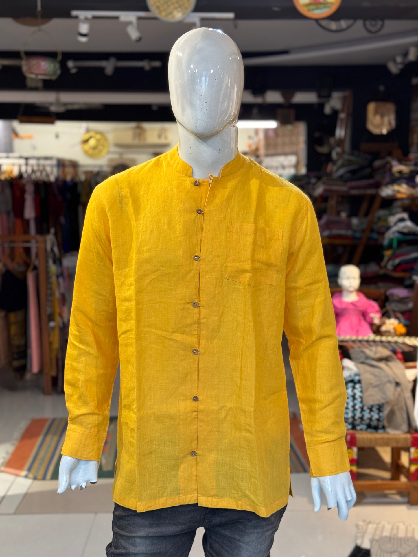 Bright yellow handwoven linen band collared shirt for men
