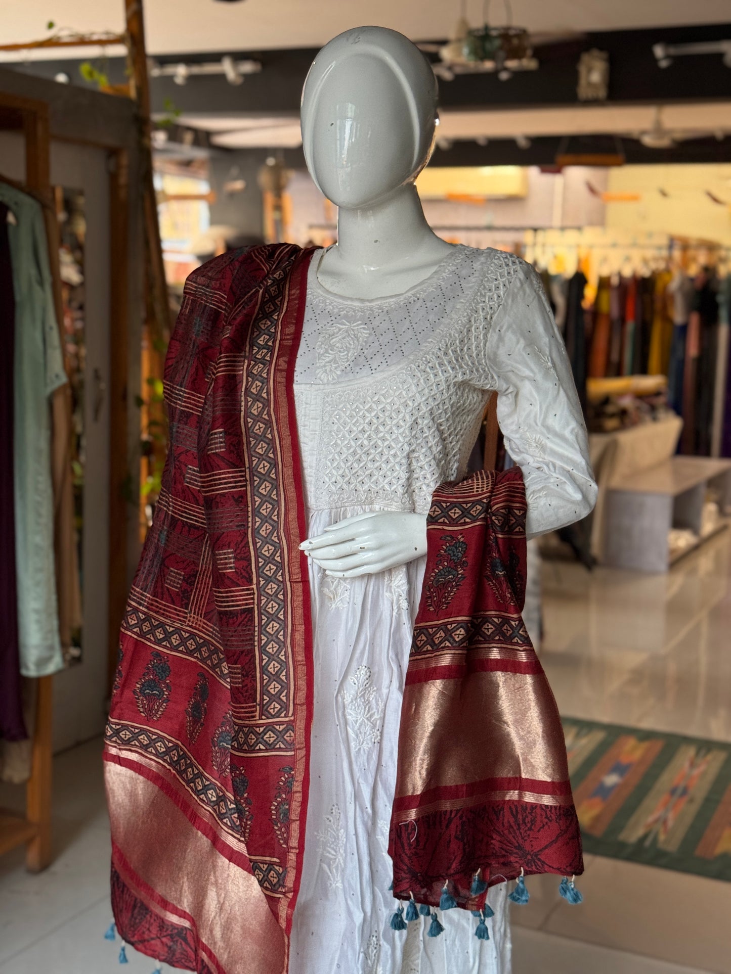 Maroon checkered Ajrakh Chanderi silk cotton dupatta with zari palla