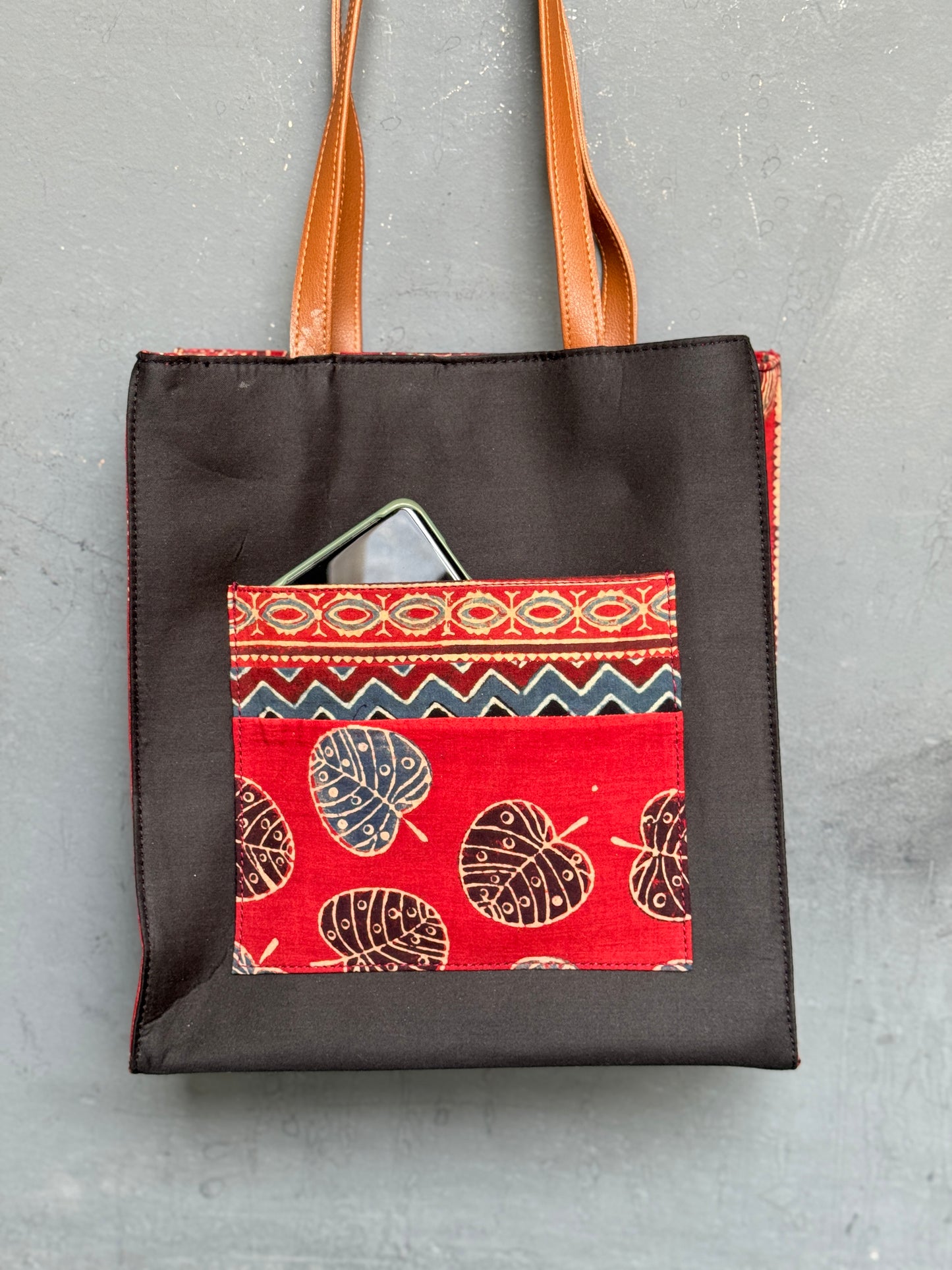 Wide base hand block printed, fabric tote bag with front patch pocket