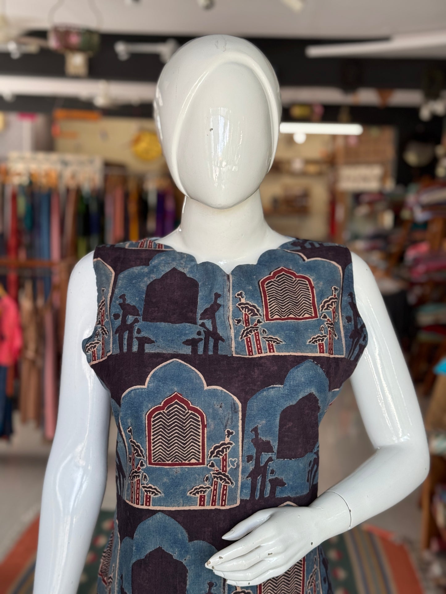 Jharokhas design Indigo Ajrakh hand block printed cotton sleeveless straight kurti