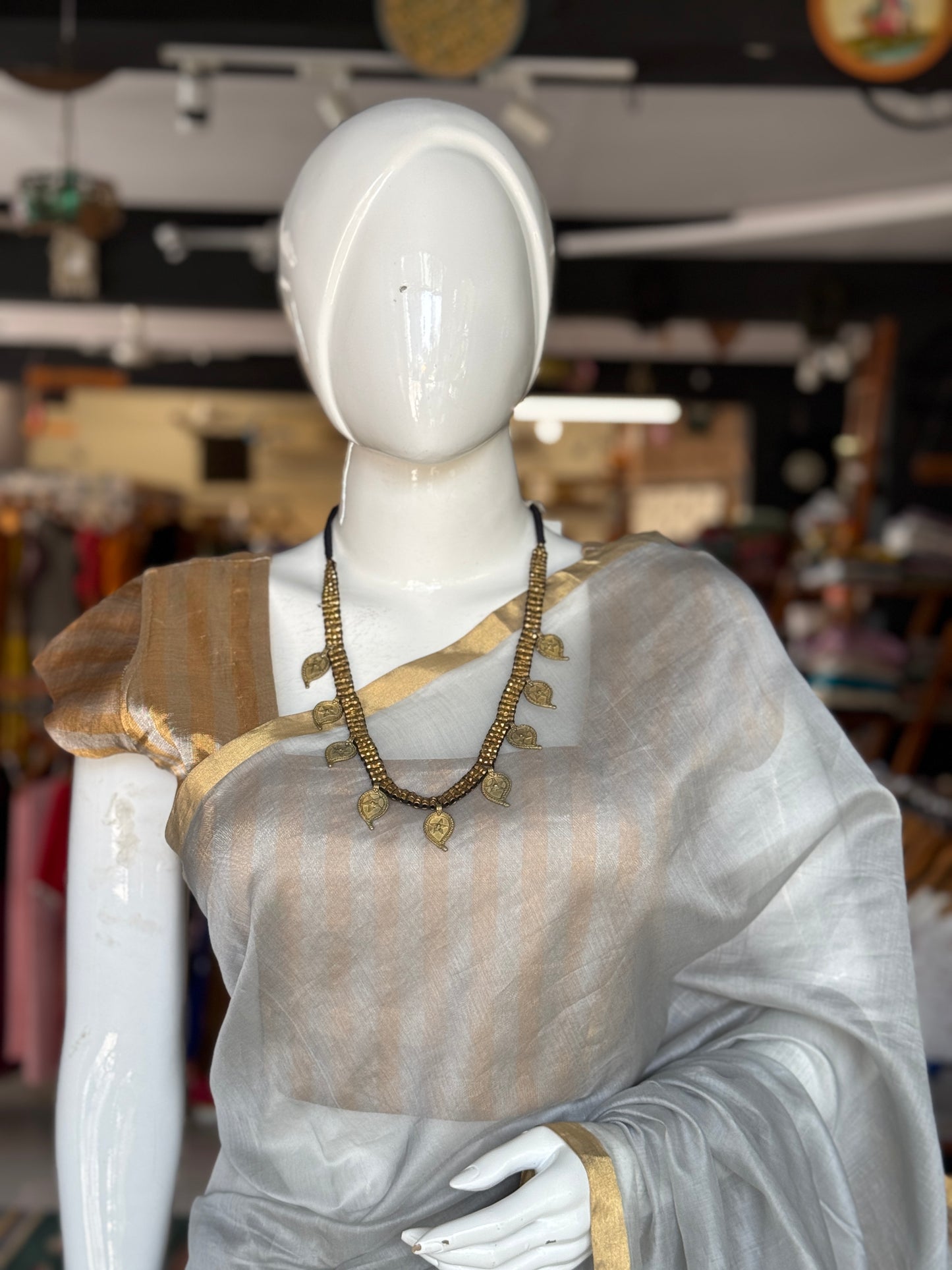 Gold n Silver stripes tissue silk Chanderi handloom blouse with square neckline and short sleeves
