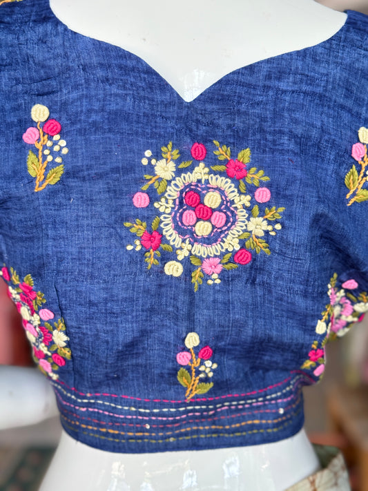 Blue floral hand embroidered silk blouse