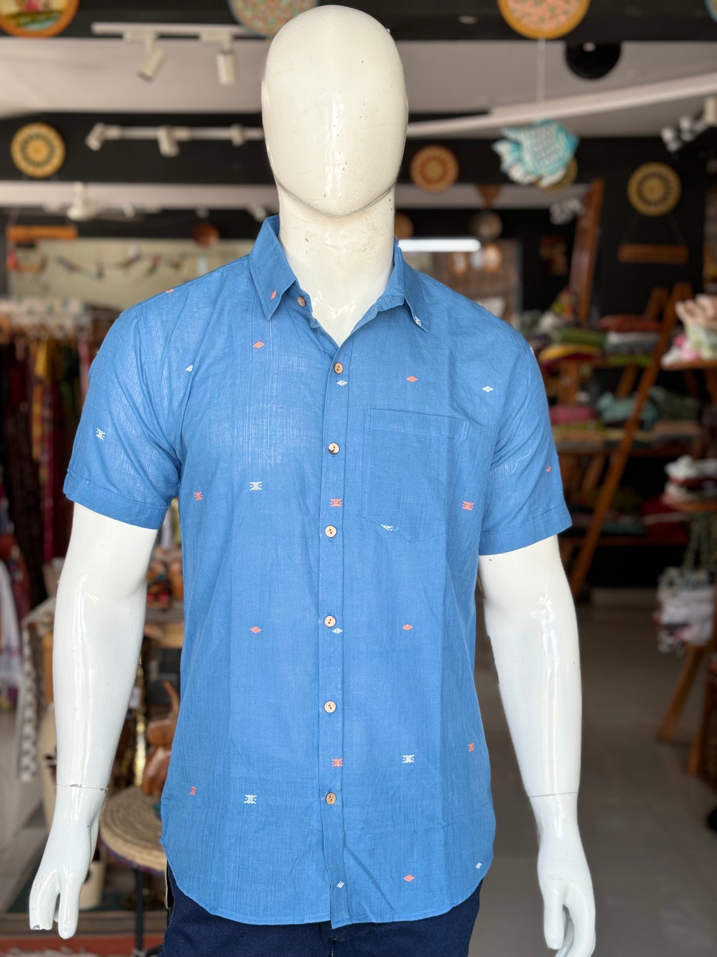 Blue Assam Majuli handloom cotton mens shirt - half sleeves