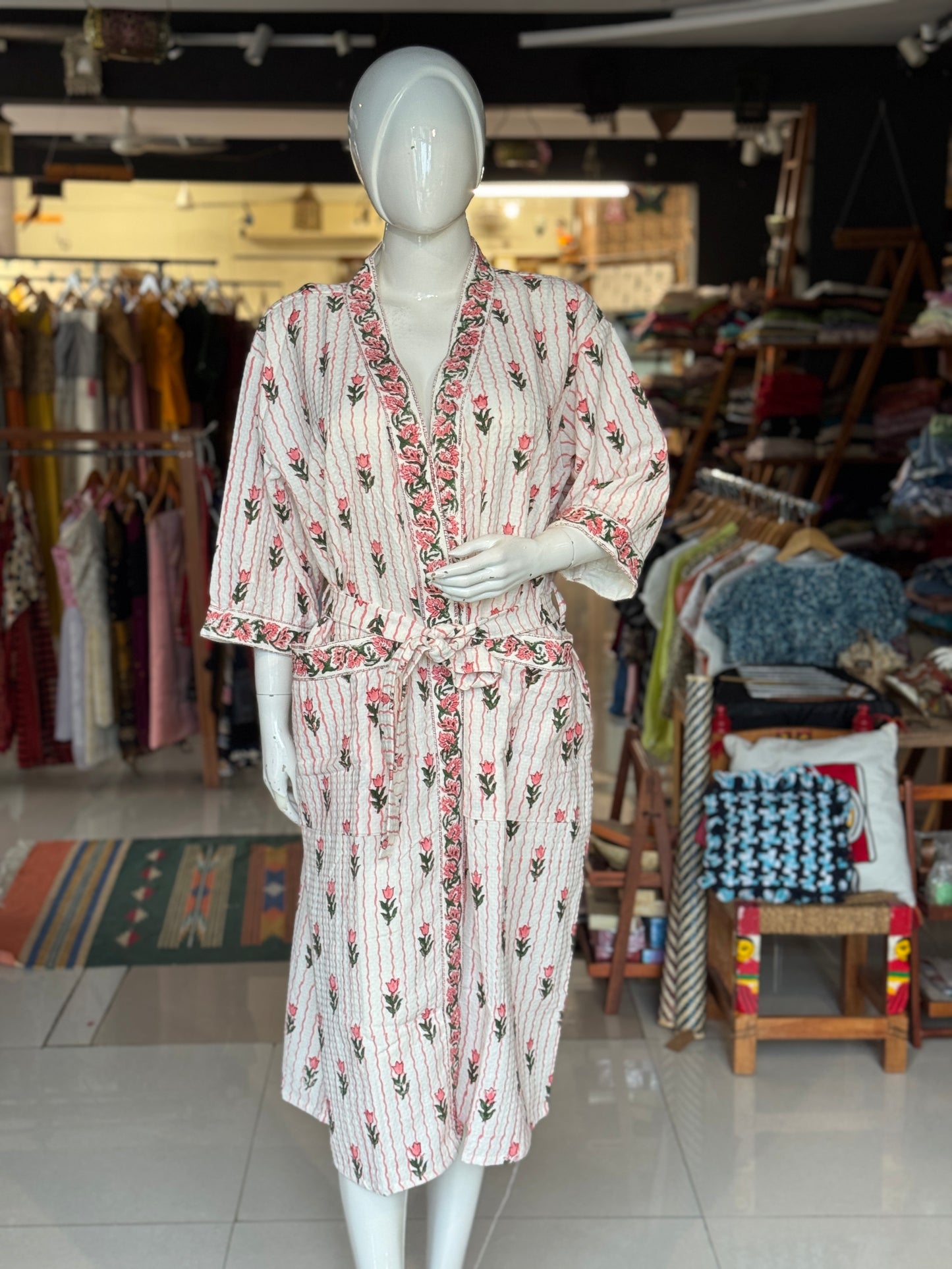 Hand block printed waffle cotton bath robe / swim suit cover up for adults - multiple designs