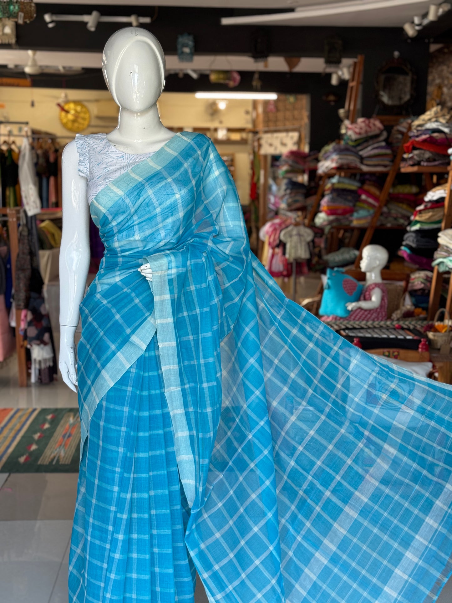 Checkered light weight soft handloom Bobbili cotton saree - multiple colors available