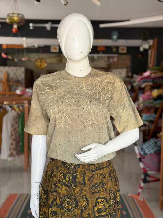 Dull green Ajrakh hand block printed, natural dyed, unisex cotton t-shirt
