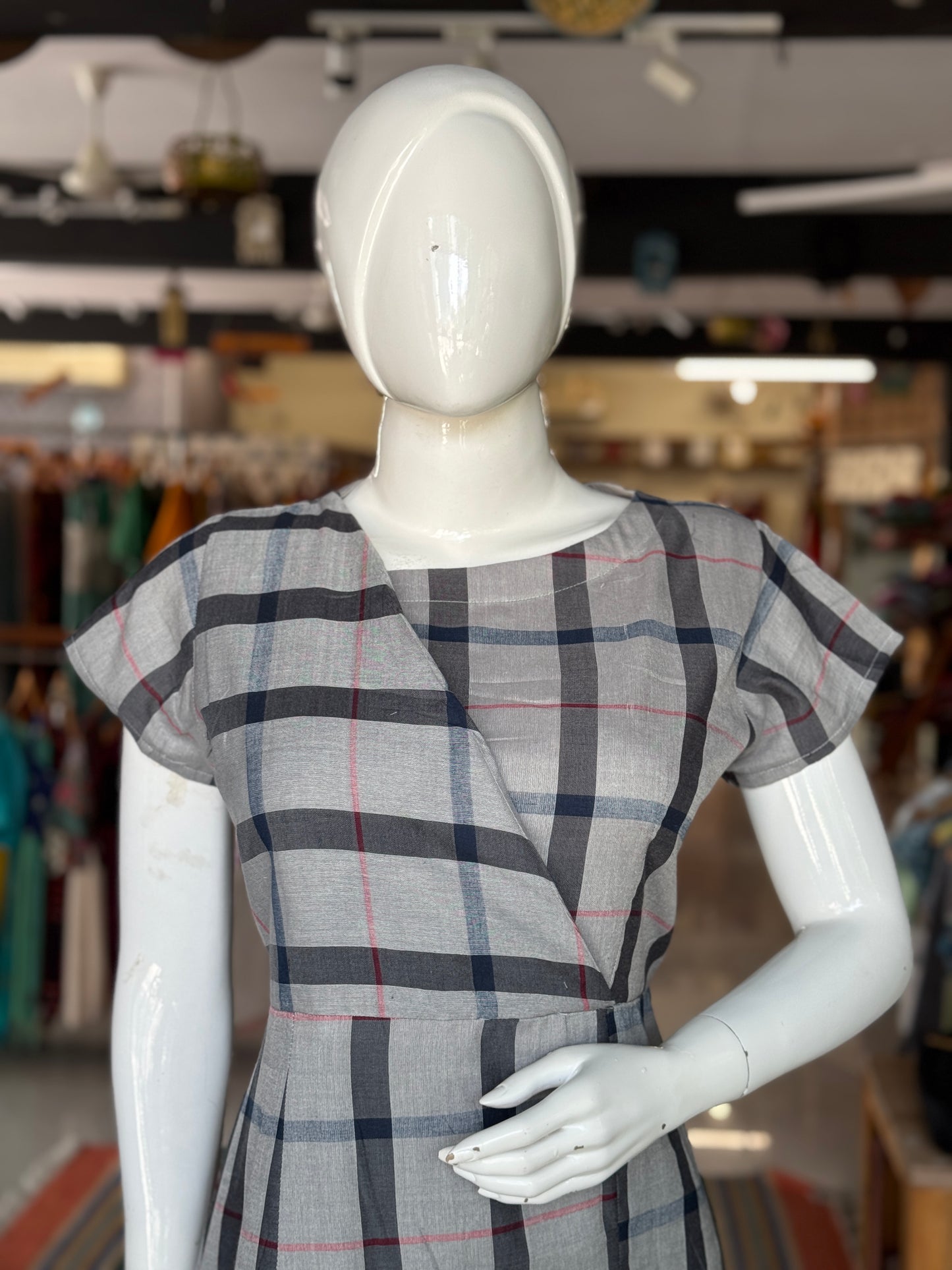 Grey black and red checks soft pure cotton handwoven dress
