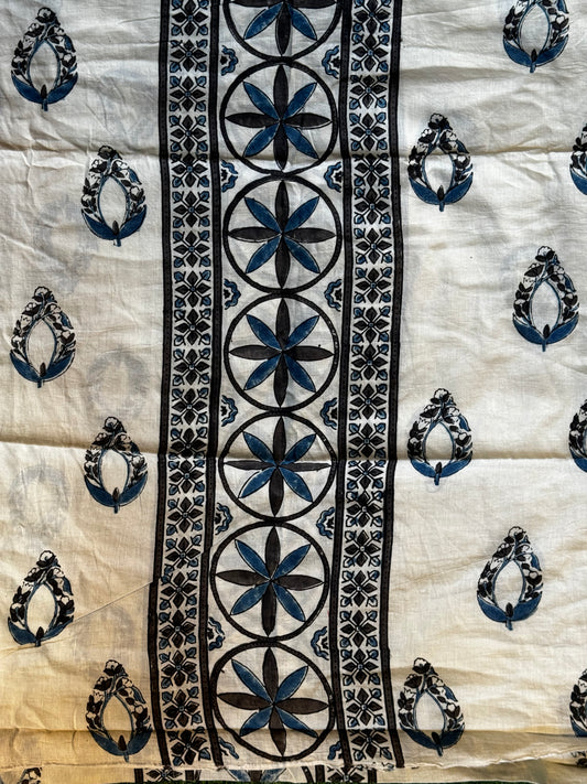 Off white Ajrakh center panel style hand block printed soft mul cotton fabric