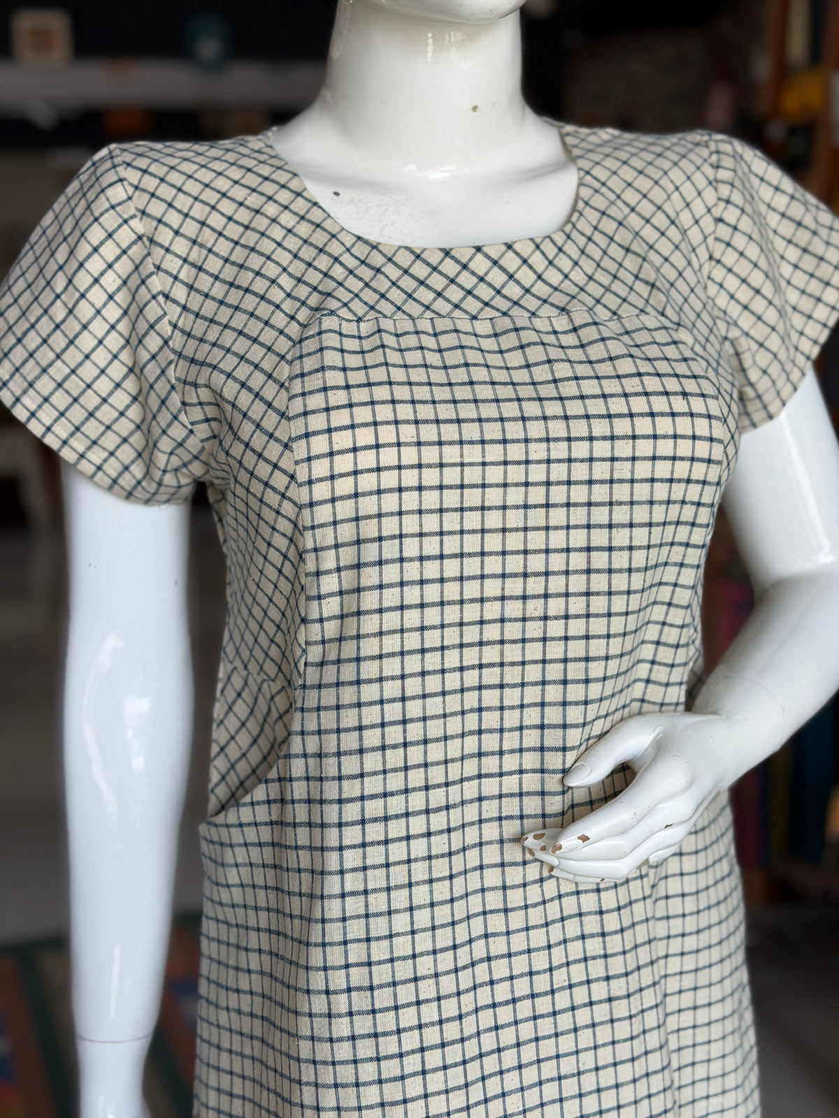 Off white and blue checks hand spun, handwoven, natural yarn dyed cotton dress with front pockets