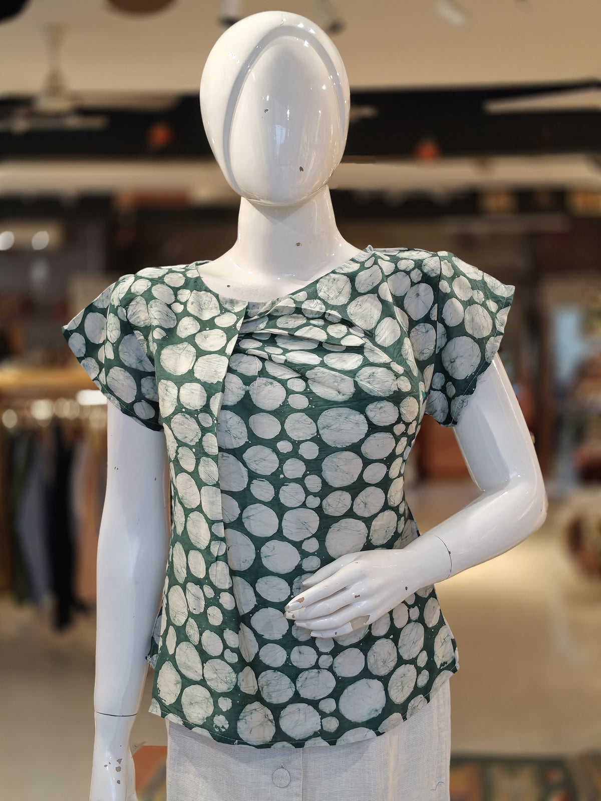 Green polka hand batik printed top
