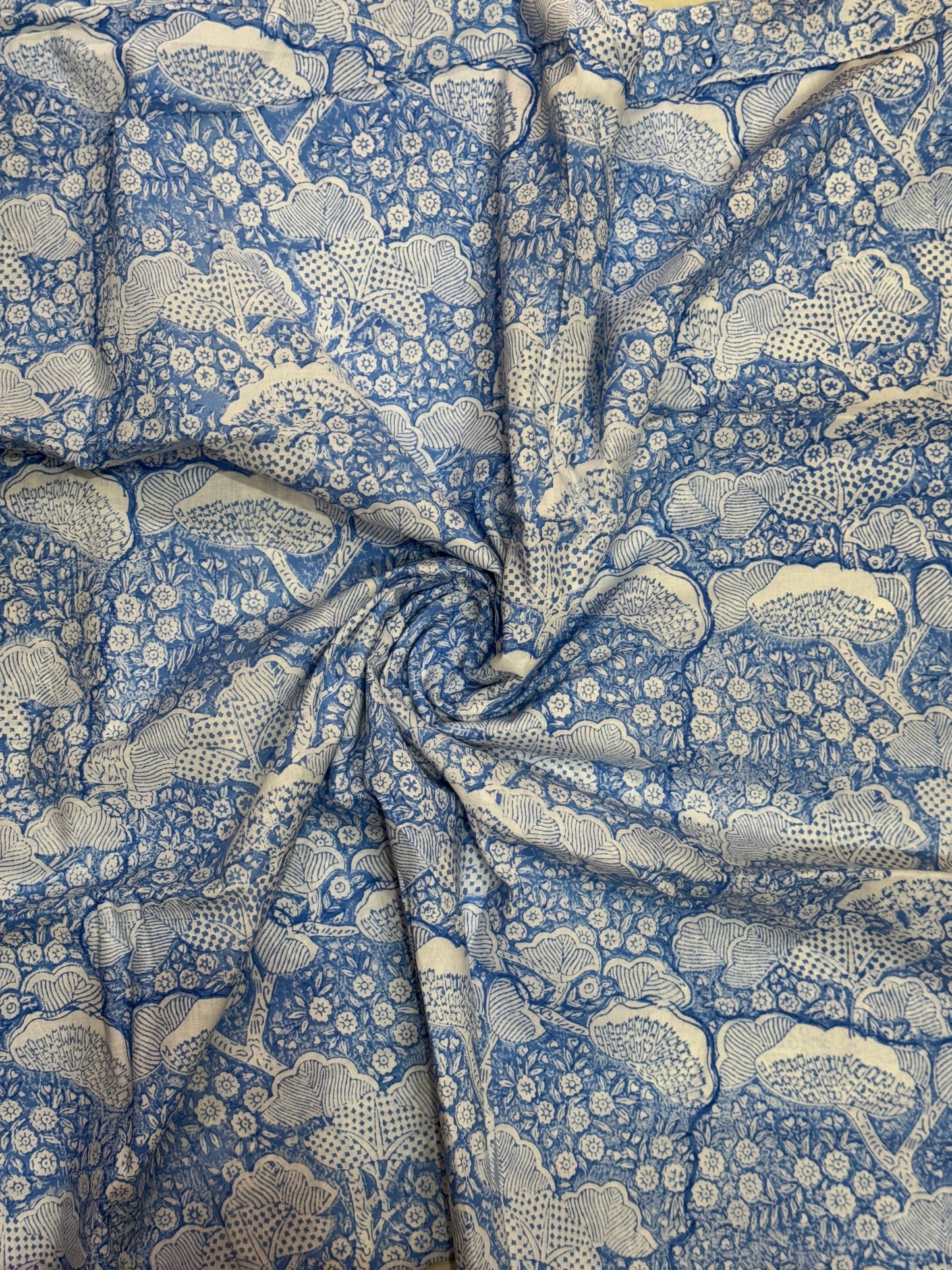 Blue intricate hand block printed cotton fabric