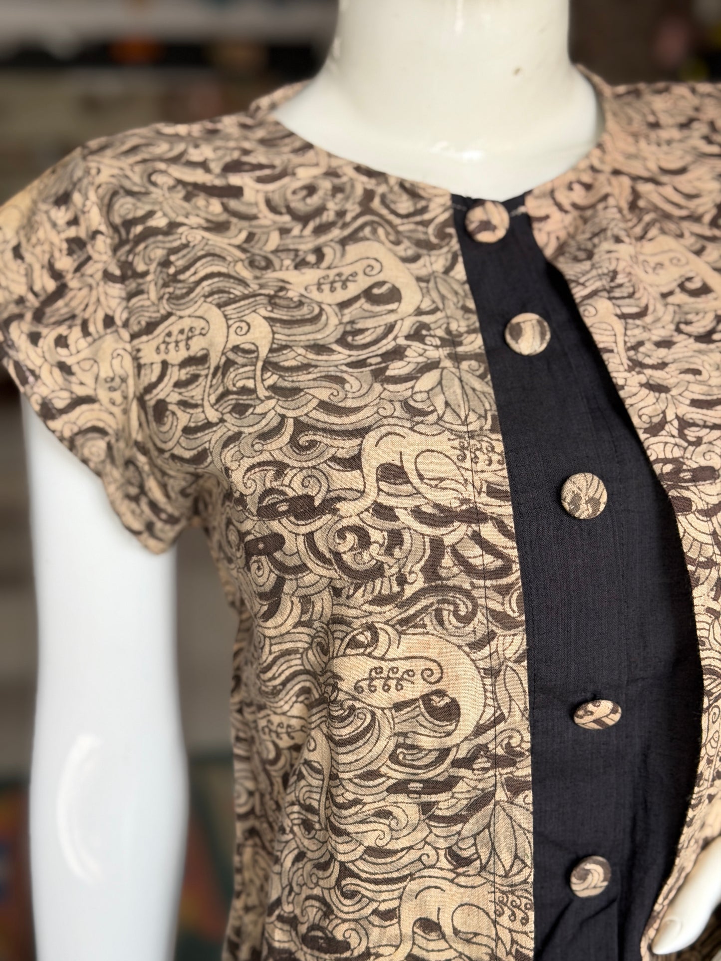 Black and Beige Kalamkari hand block printed handwoven cotton top