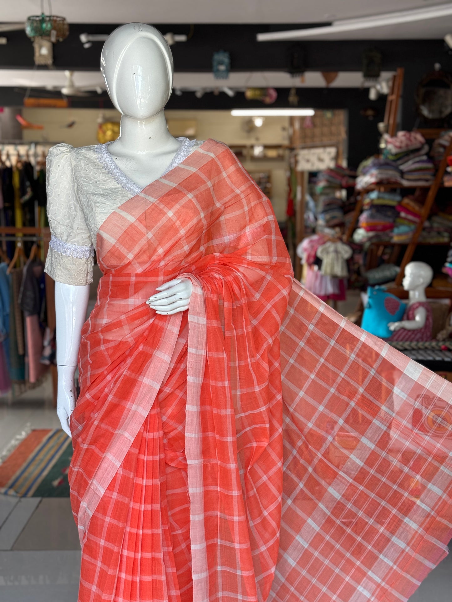 Checkered light weight soft handloom Bobbili cotton saree - multiple colors available
