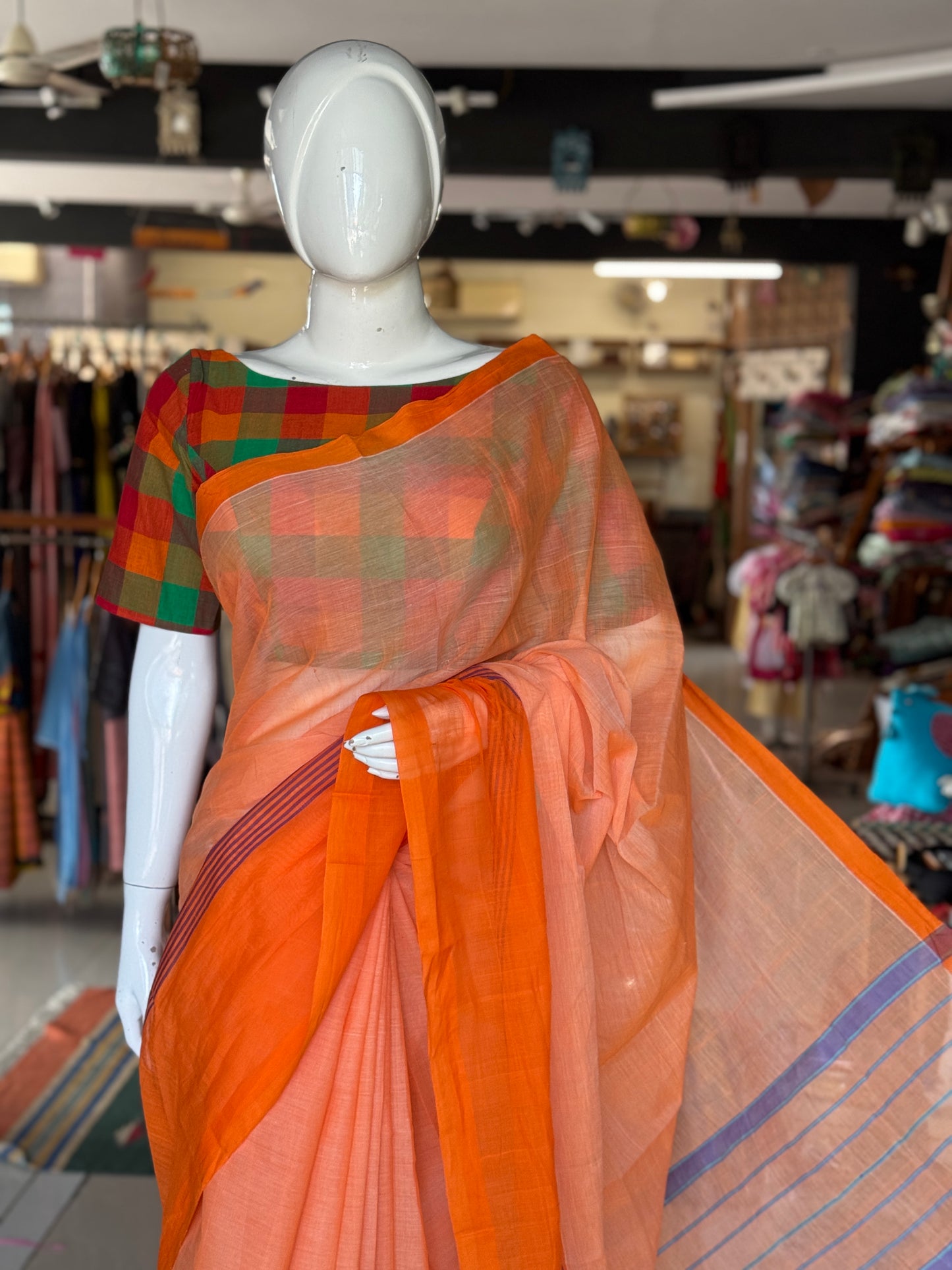 Orange plain cotton saree with stripes wide border light weight soft handloom Bobbili cotton saree