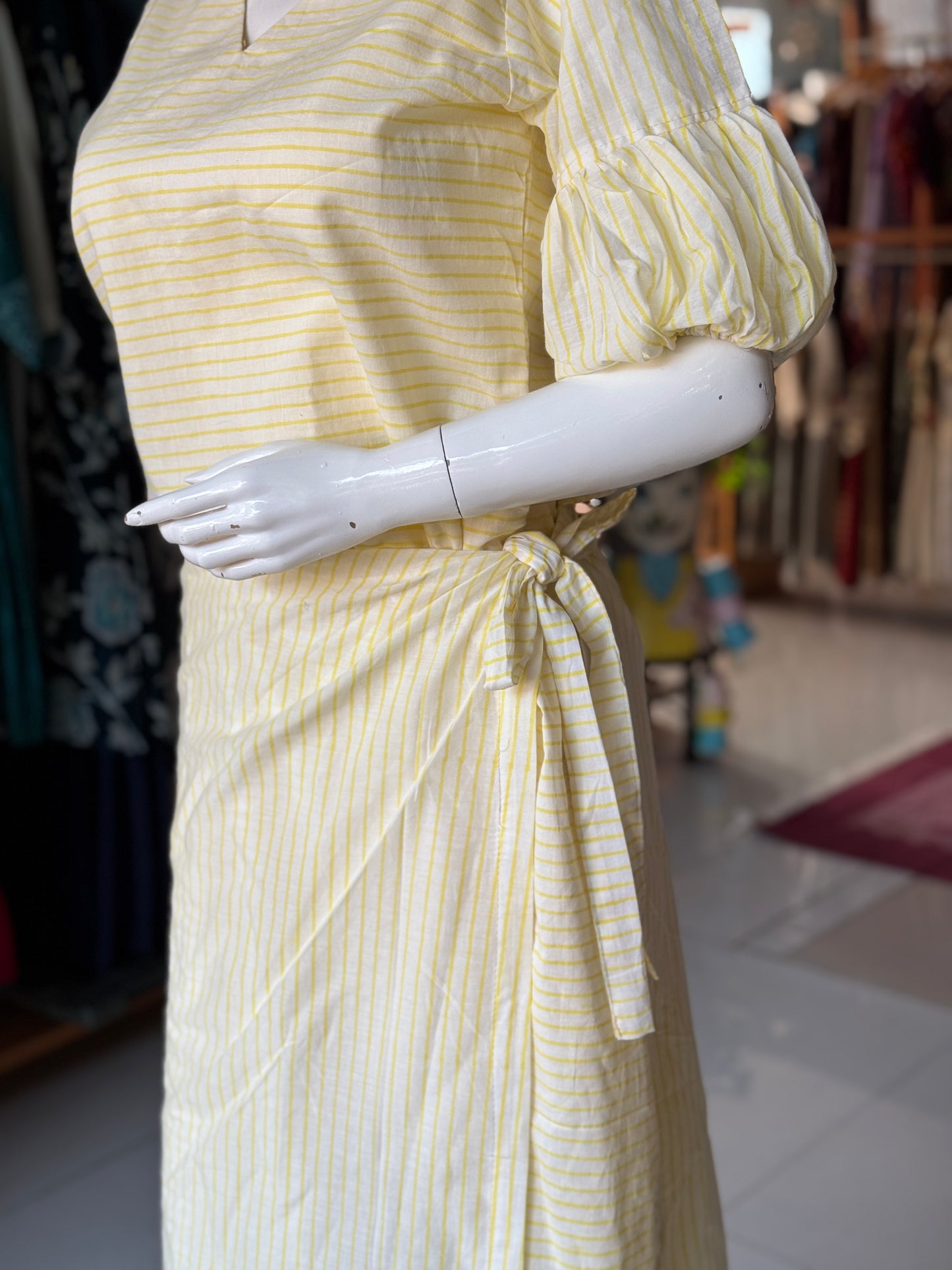 Off white and yellow stripes hand block printed soft cotton dress with skirt look flap