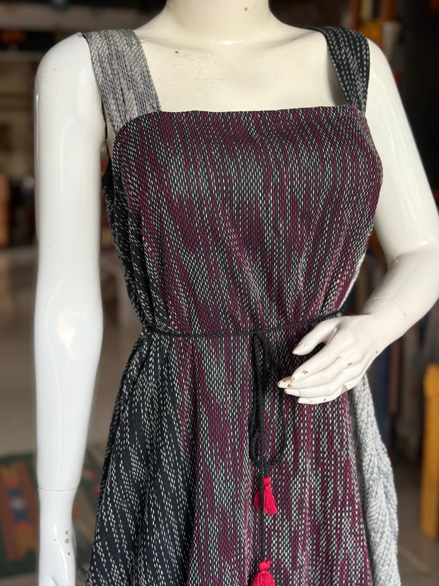Grey and black panels kantha look cotton hand spun, hand woven playful strappy dress with pockets