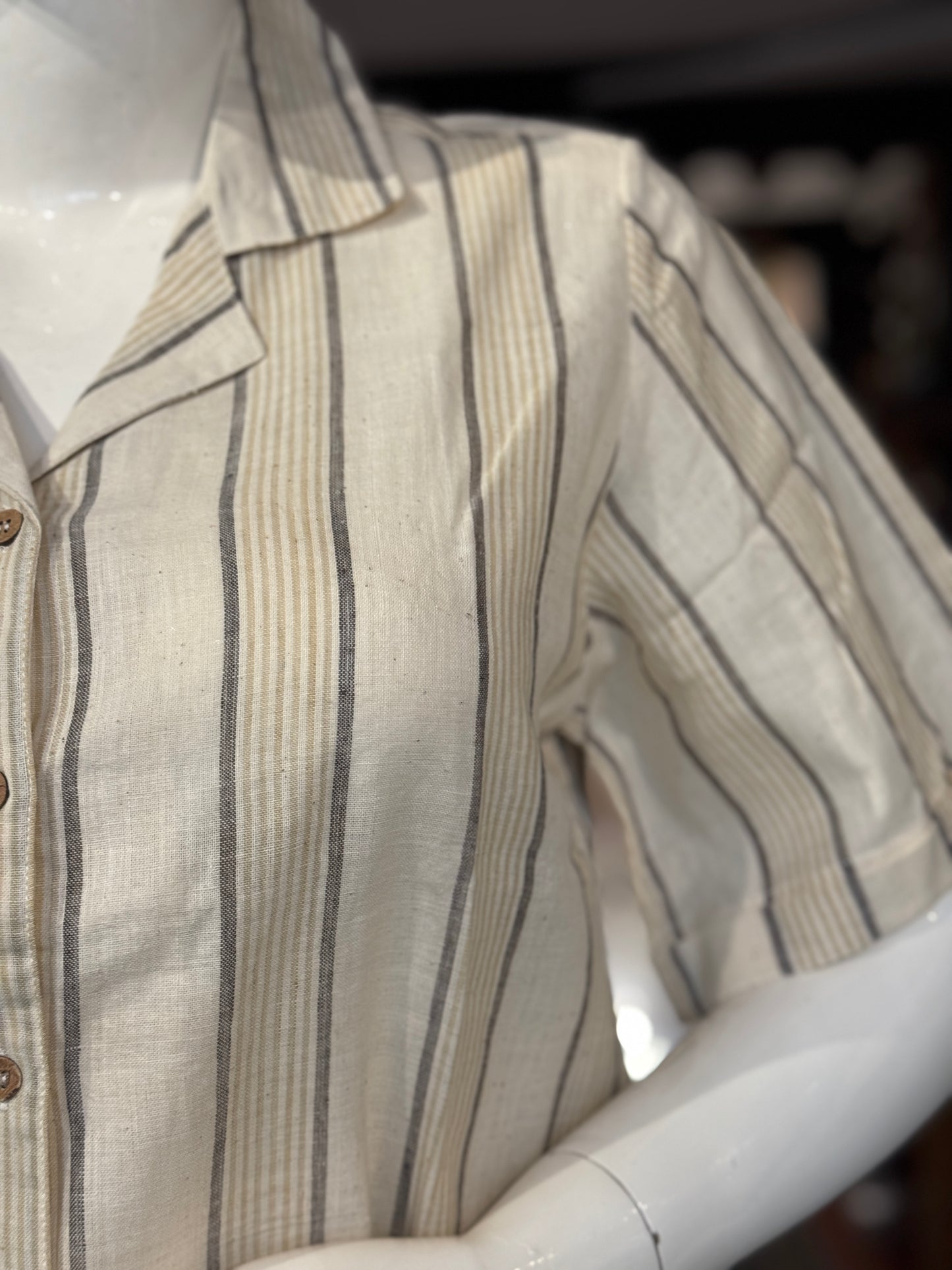 Grey Beige stripes on cream soft handwoven cotton collared shirt for women