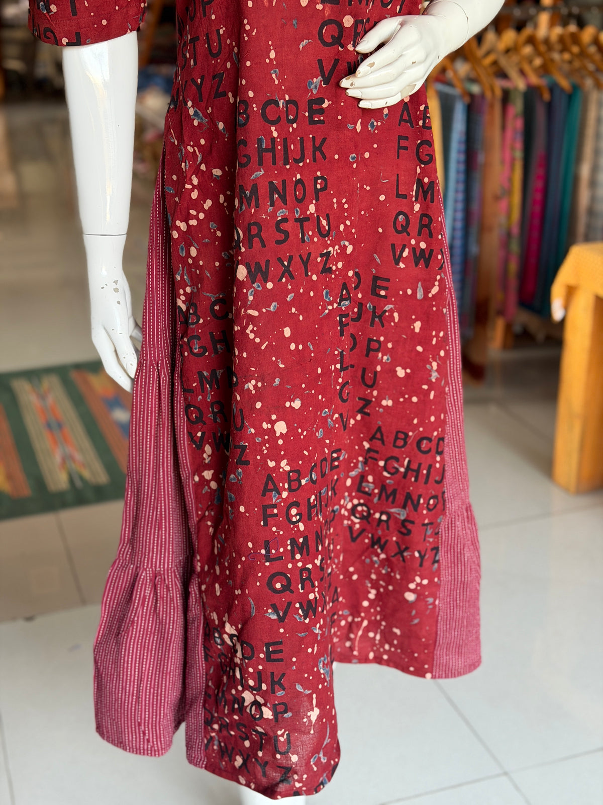 Maroon ABC alphabet Ajrakh hand block printed cotton dress with side Kantha cotton frills