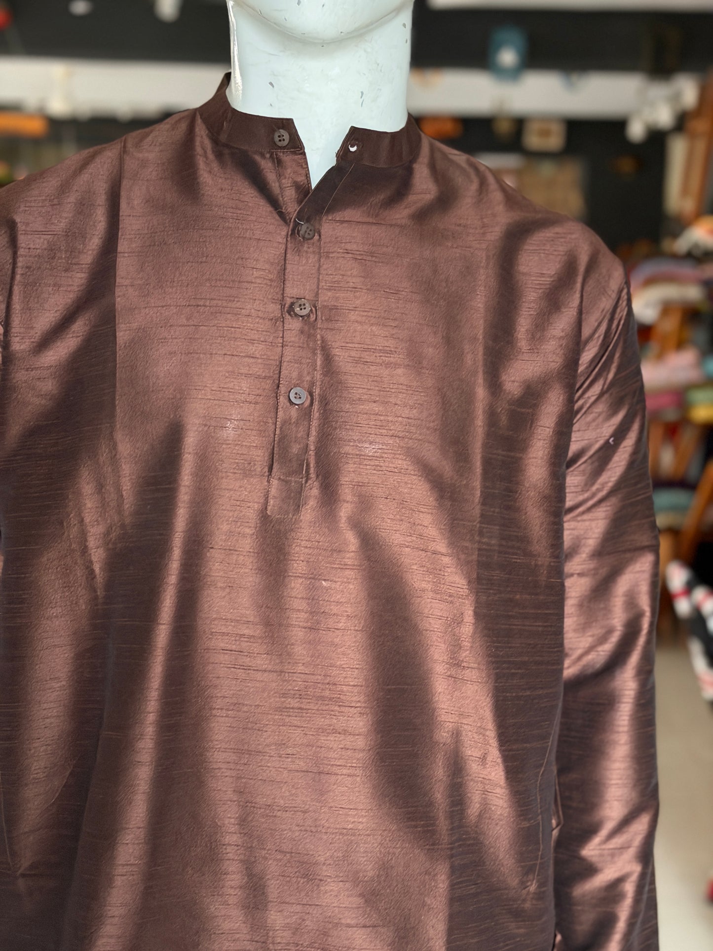 Brown art silk full sleeves long kurta for men