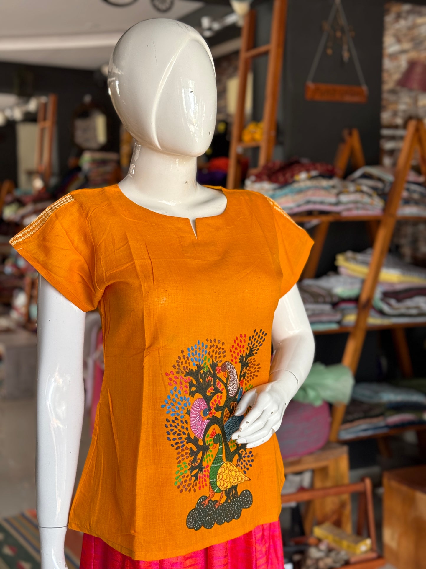 Yellow peacocks hand painted, handwoven cotton top