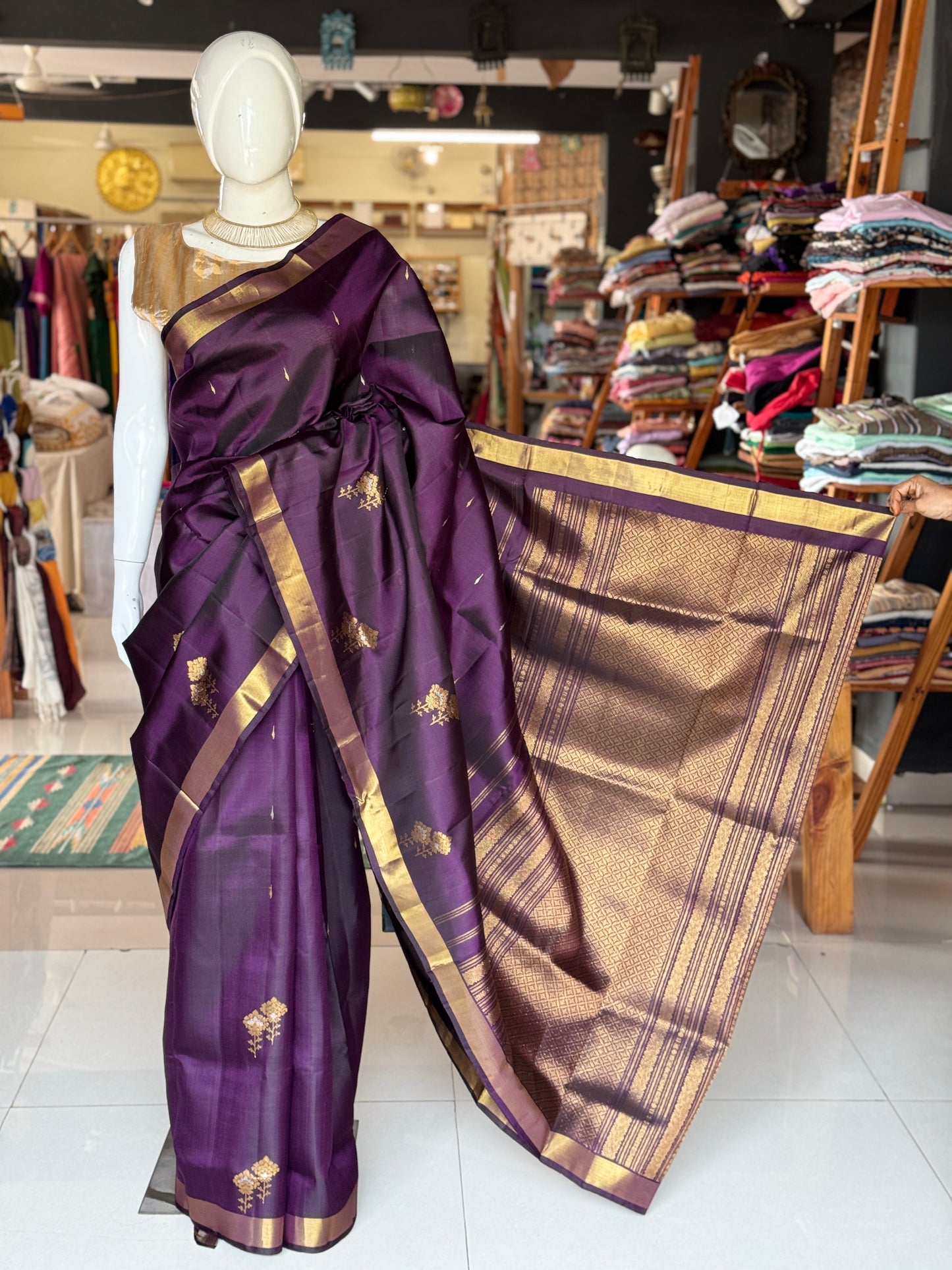 Purple gold n silver meena butis pure silk handloom Kumbakonam pattu saree