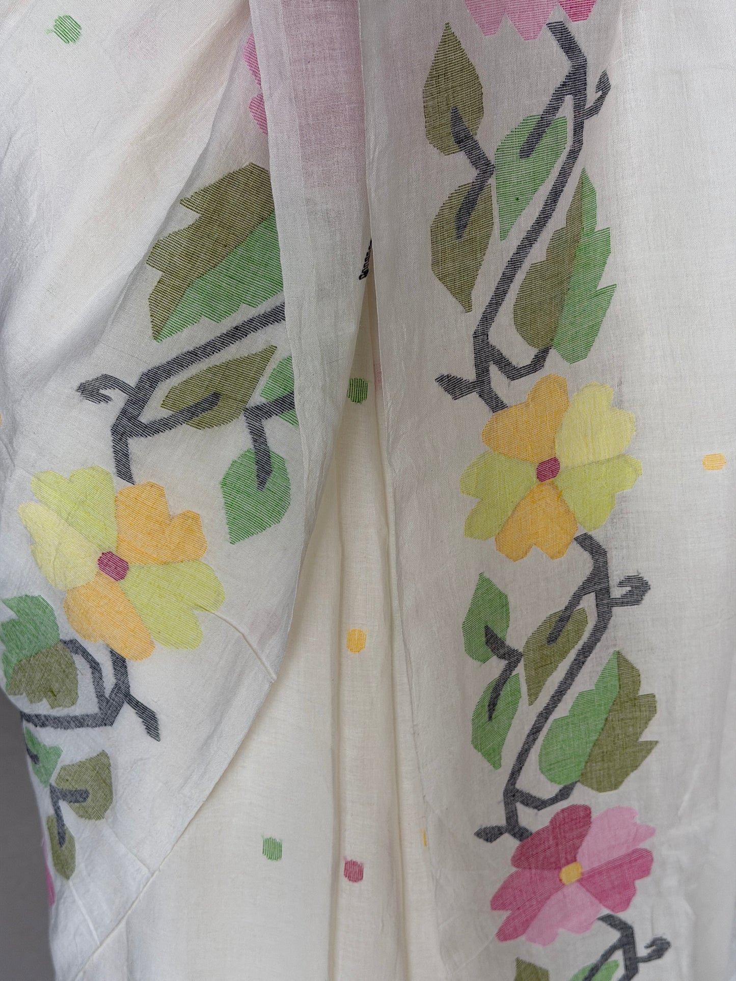 Off white Jamdani soft cotton handloom fabric / yardage saree with multi color floral border