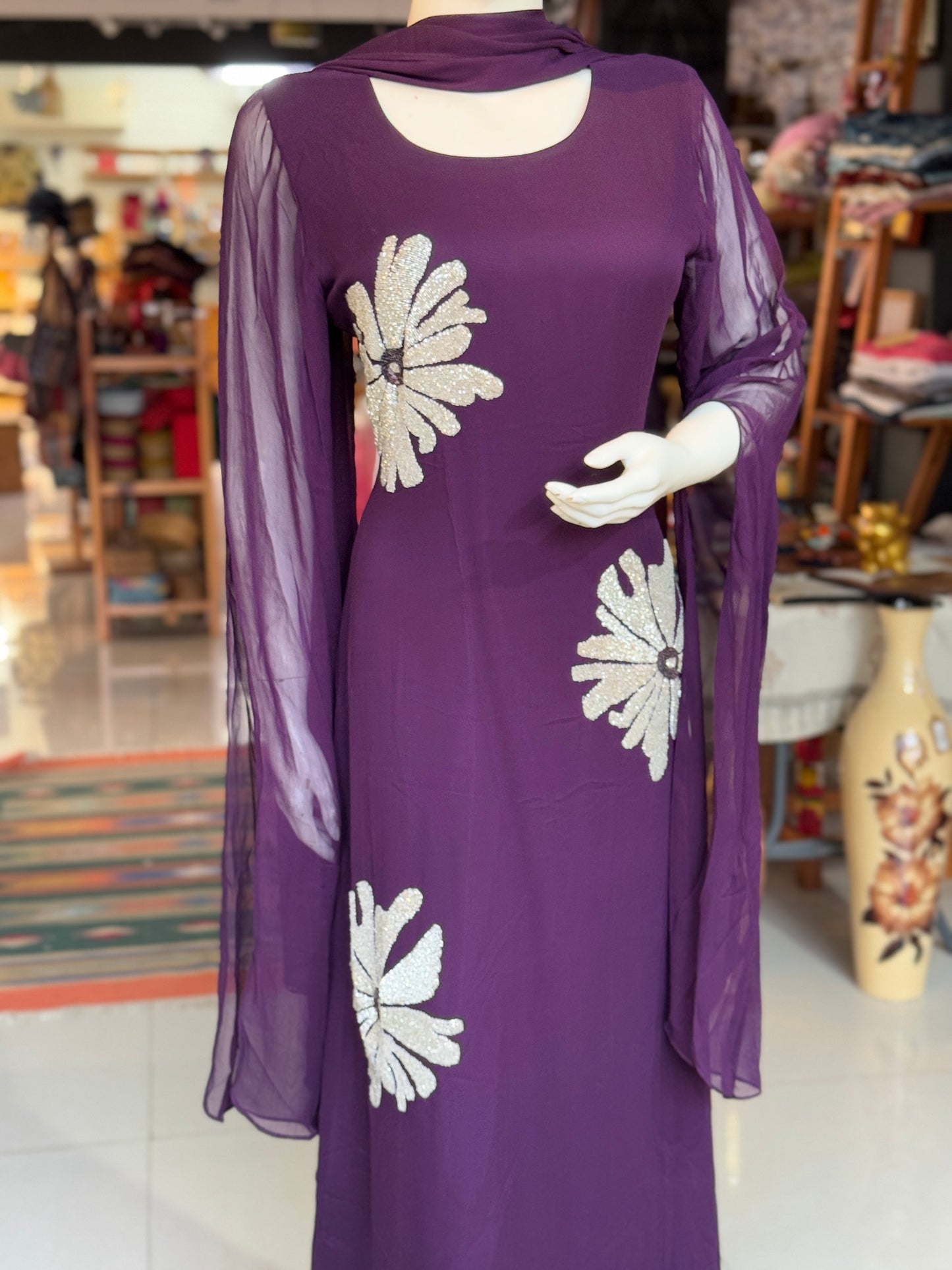 Purple cut dana embroidered Georgette long dress with cape sleeves and stole - party outfit