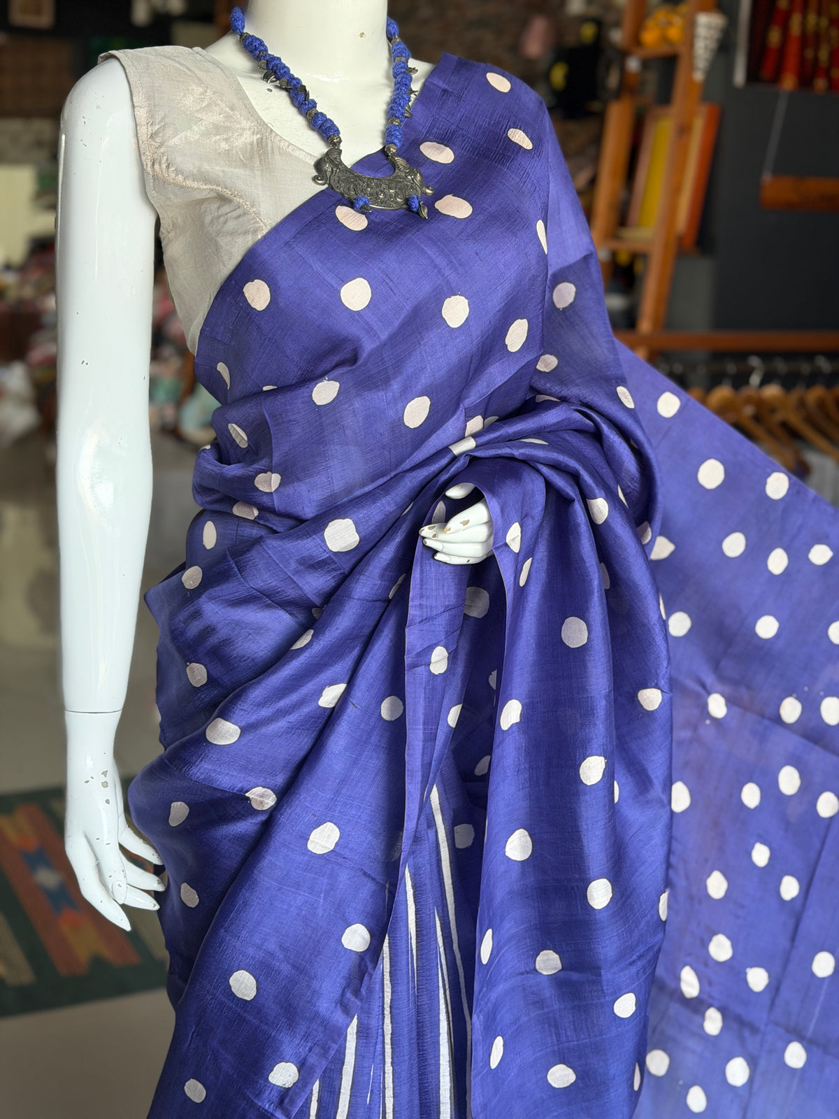 Blue dots and stripes hand painted, hand batik soft 3 ply Murshidabad silk saree