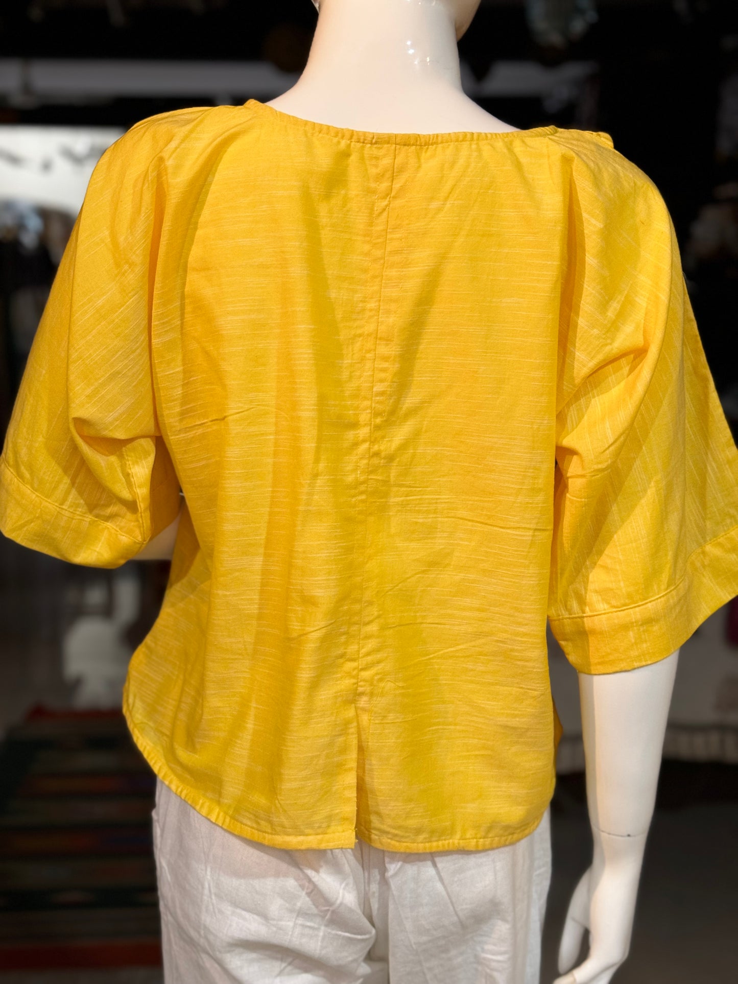 Yellow one side pleats cotton relaxed fit top