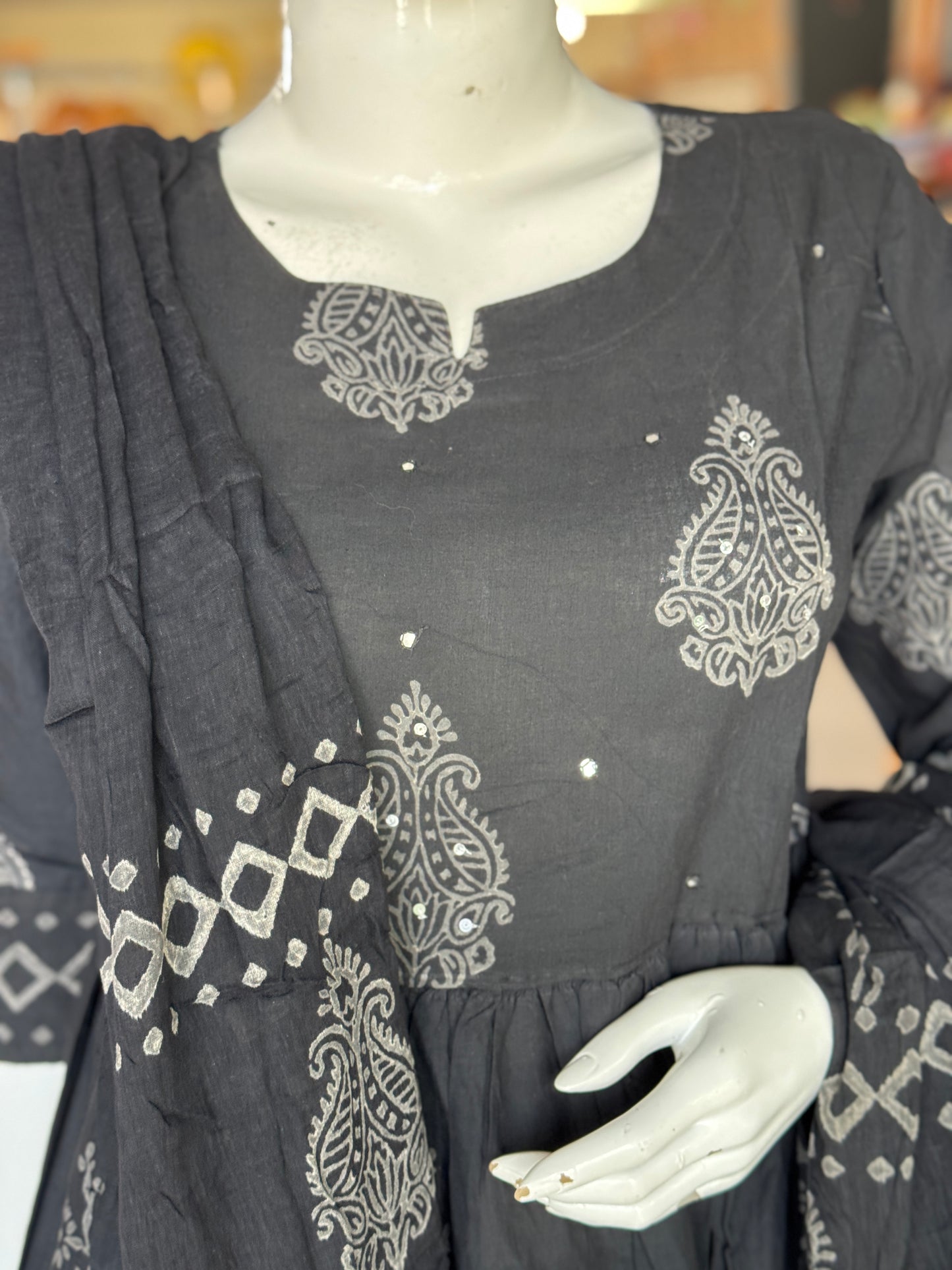 Black with grey hand block printed cotton 3 piece hand block printed set - flared kurti, pants and dupatta