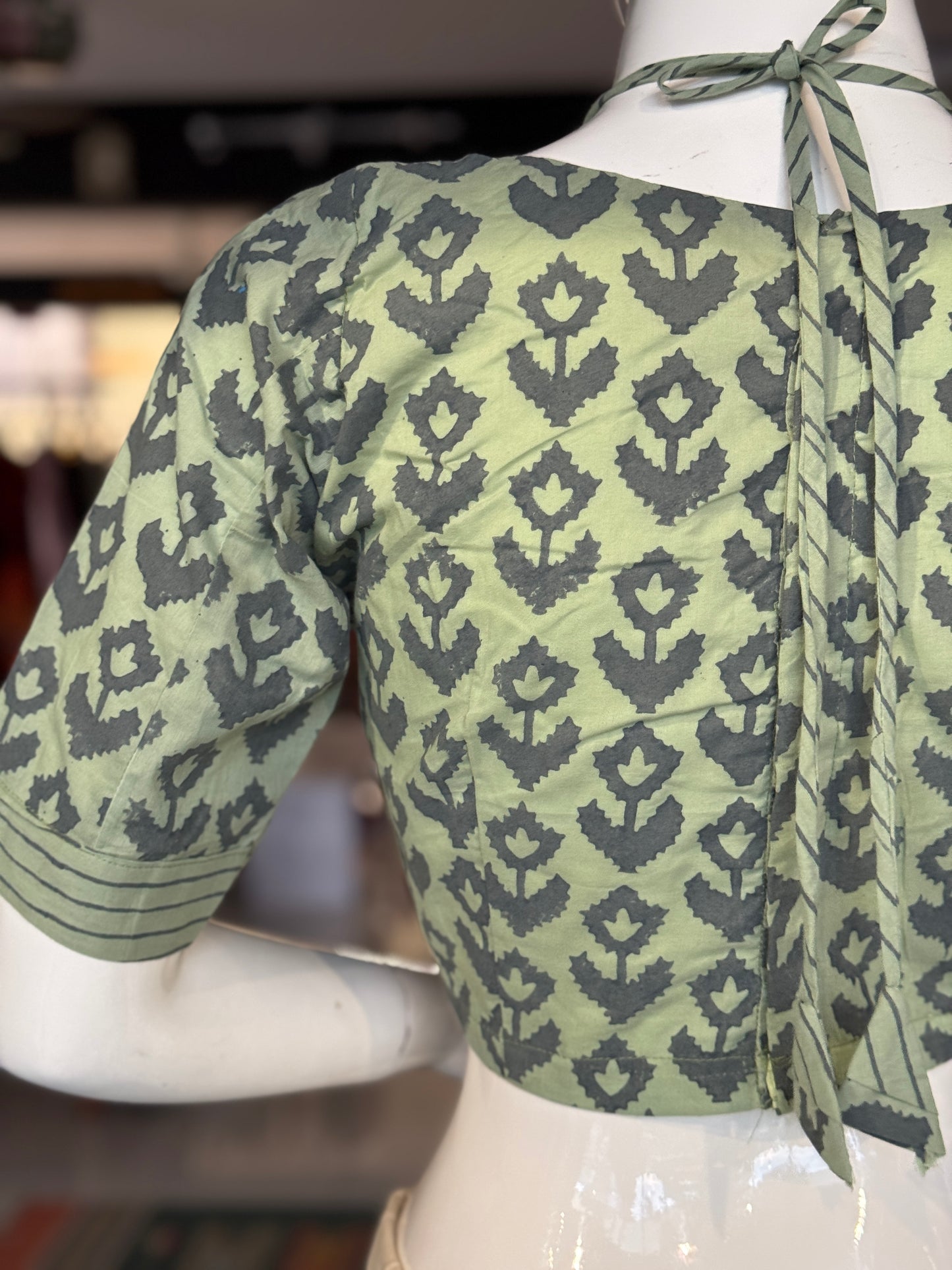 Green hand block printed fancy double blouse style cotton designer blouse