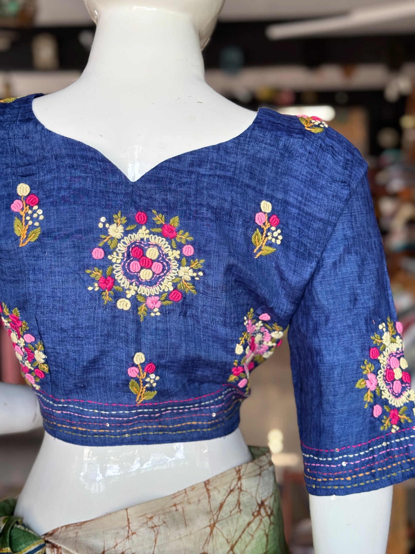 Blue floral hand embroidered silk blouse