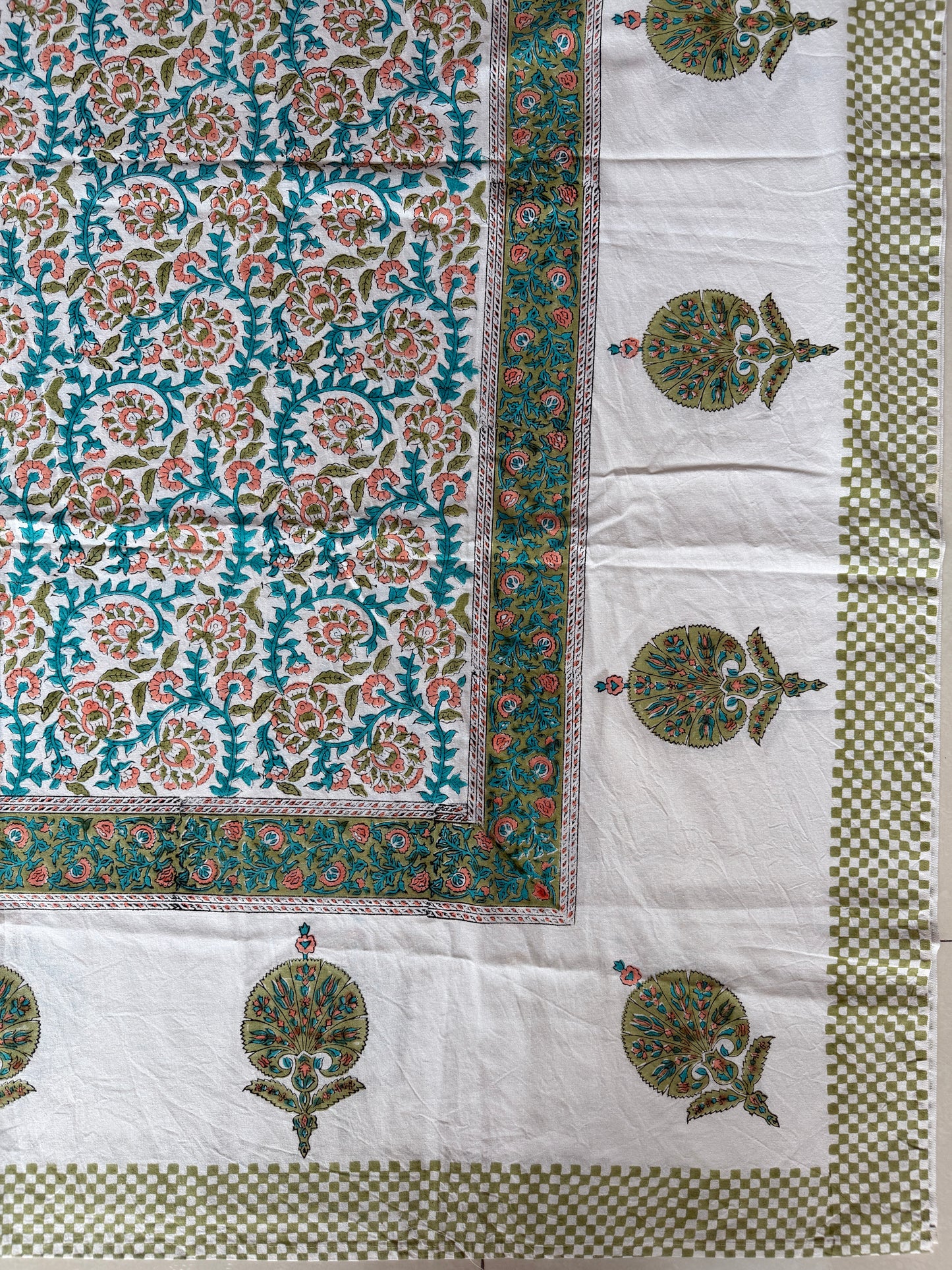 Green, peach, turquoise floral 6 seater table cover in hand block printed cotton