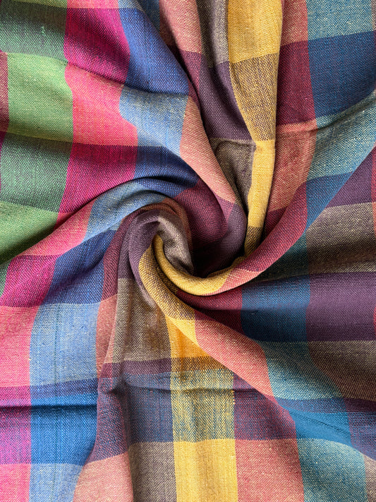 Colorful checks cotton hand spun, hand woven fabric - red, orange, yellow, green, purple, violet checks