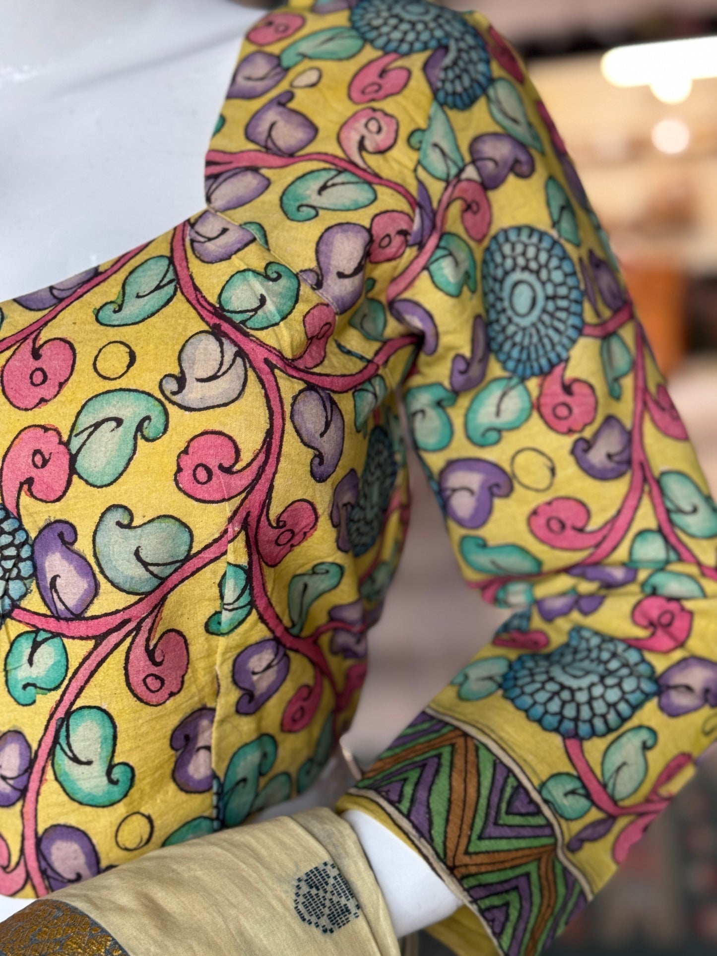 Yellow Pen kalamkari hand painted cotton blouse with long sleeves