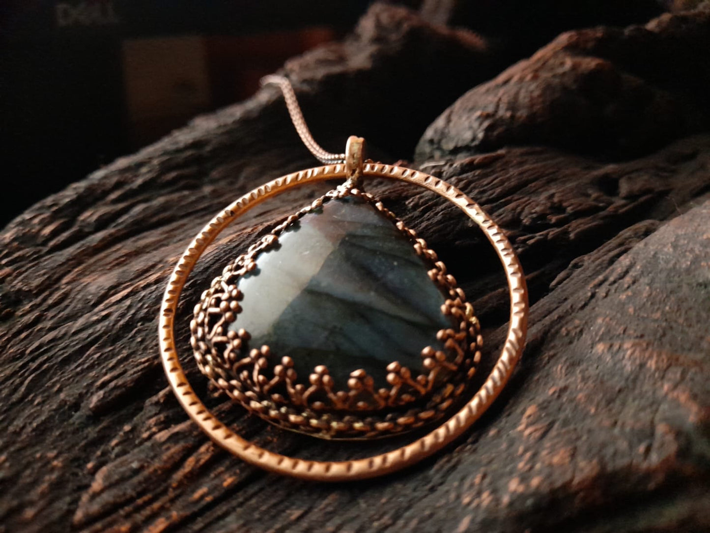 Labradorite copper handcrafted designer necklace with triangular pendant in a circle