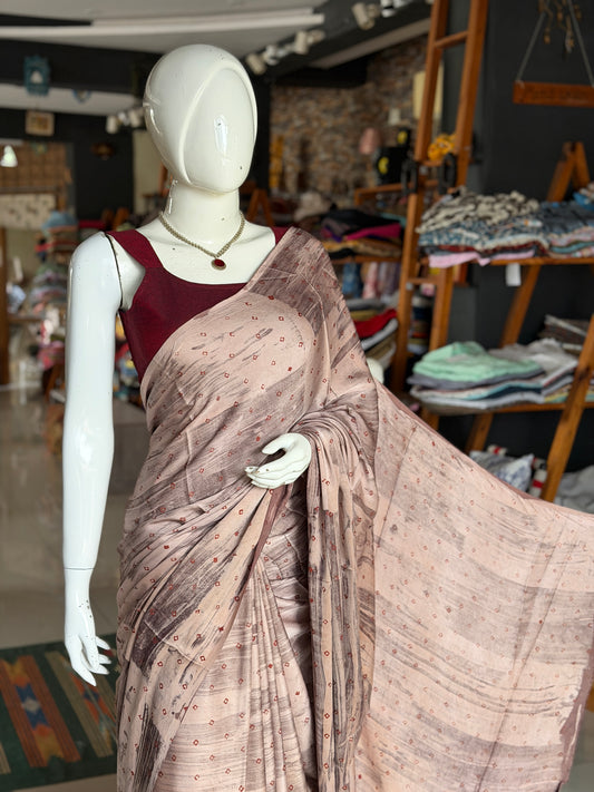 Dusty pink soft modal yardage saree / fabric - hand block printed, brush painted