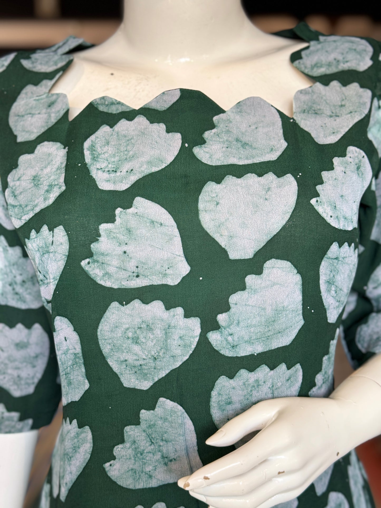 Dark green floral georgette hand batik straight kurti with lining