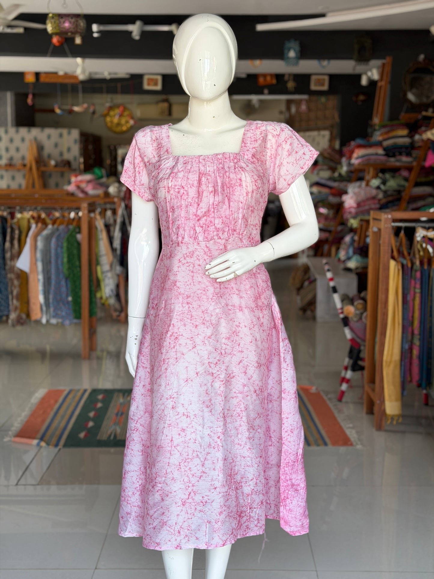 Pink batik dress with square neckline and gathered bust
