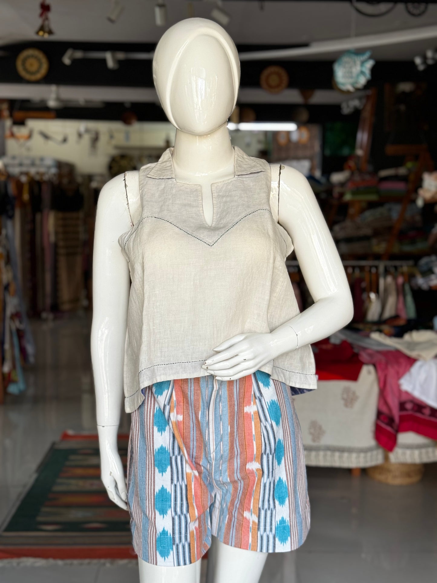 White n blue thick handwoven ikat Cotton shorts