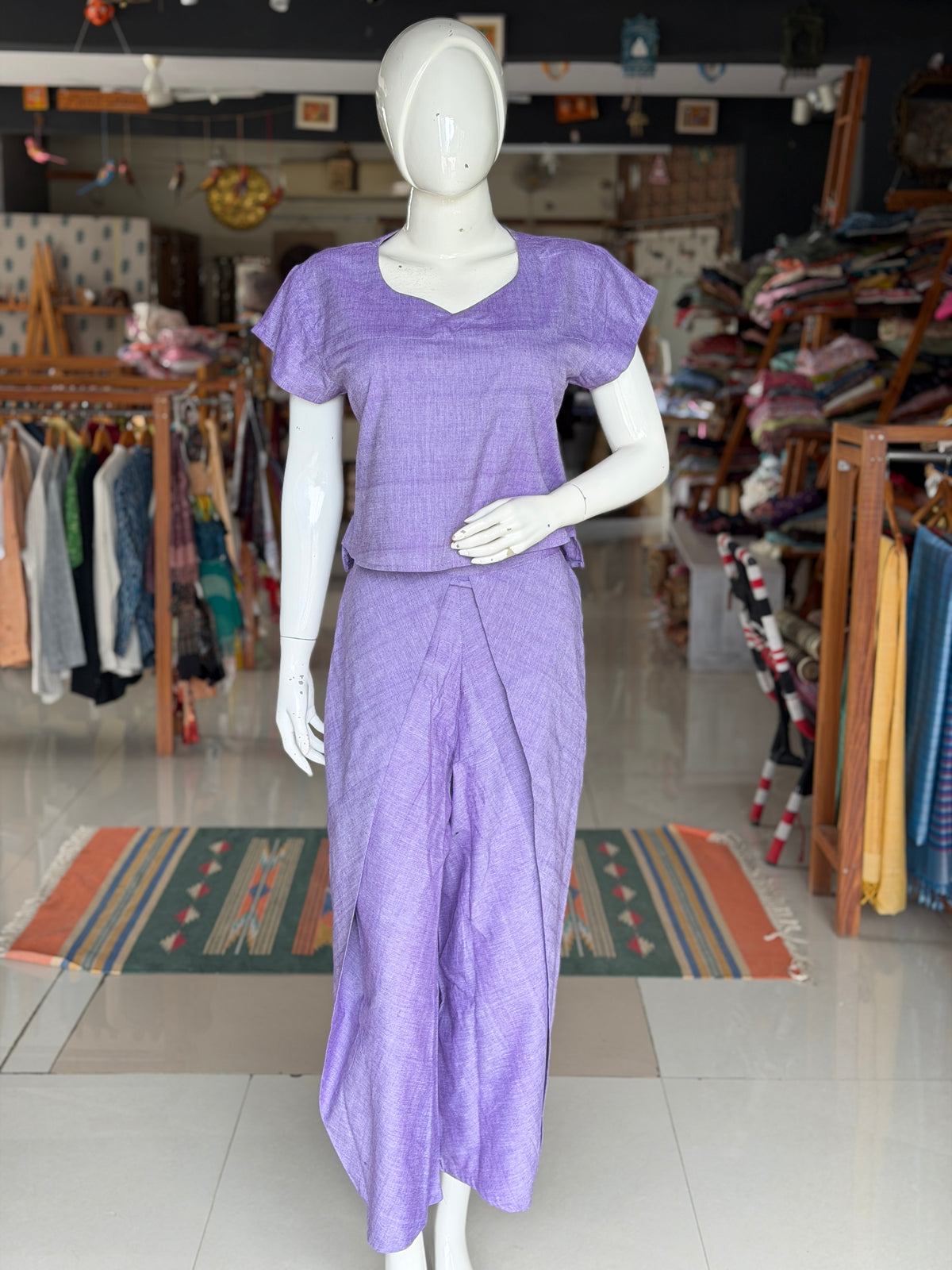Lavender handloom cotton wrap pants and top coord set - 2 piece set