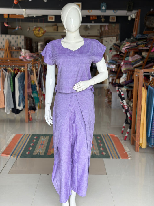 Lavender handloom cotton wrap pants and top coord set - 2 piece set