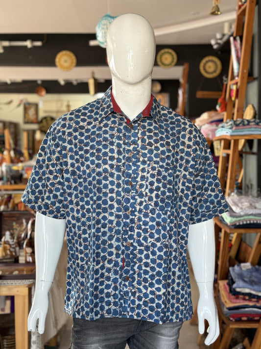 Indigo elephants and dots print half sleeves mens natural dye, hand block printed cotton shirt