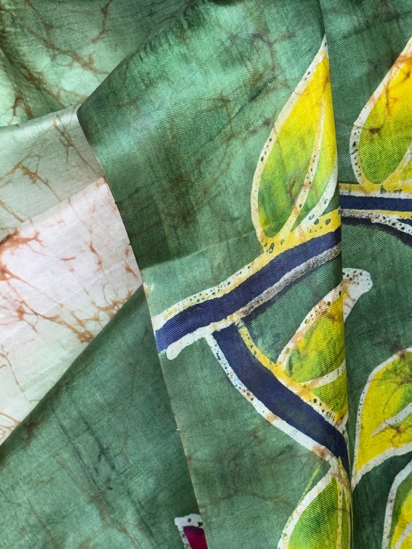 Off white and green hand painted Batik pure katan silk saree - lady with flowers on pallu